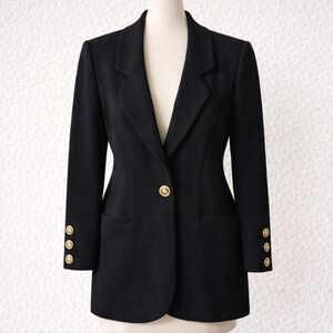 ST. JOHN BASICS Santana Knit Blazer Black Gold Crest Buttons Made In USA Size 12